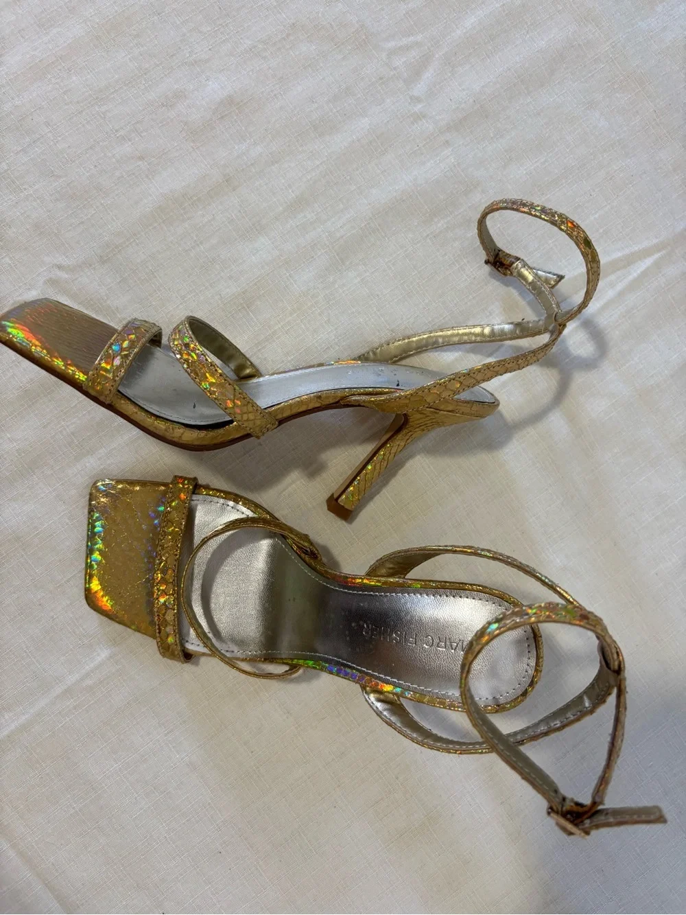 Marc Fisher Gold Holographic Strappy Heels Size 6M Square Toe Sandals